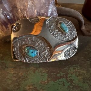 Artisan Turquoise Belt Buckle | Silver-Tone Mixed Metal | Southwestern Style